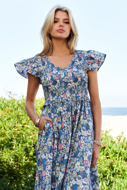 Vintage Garden Floral Flutter Sleeve Smocked Midi Dress