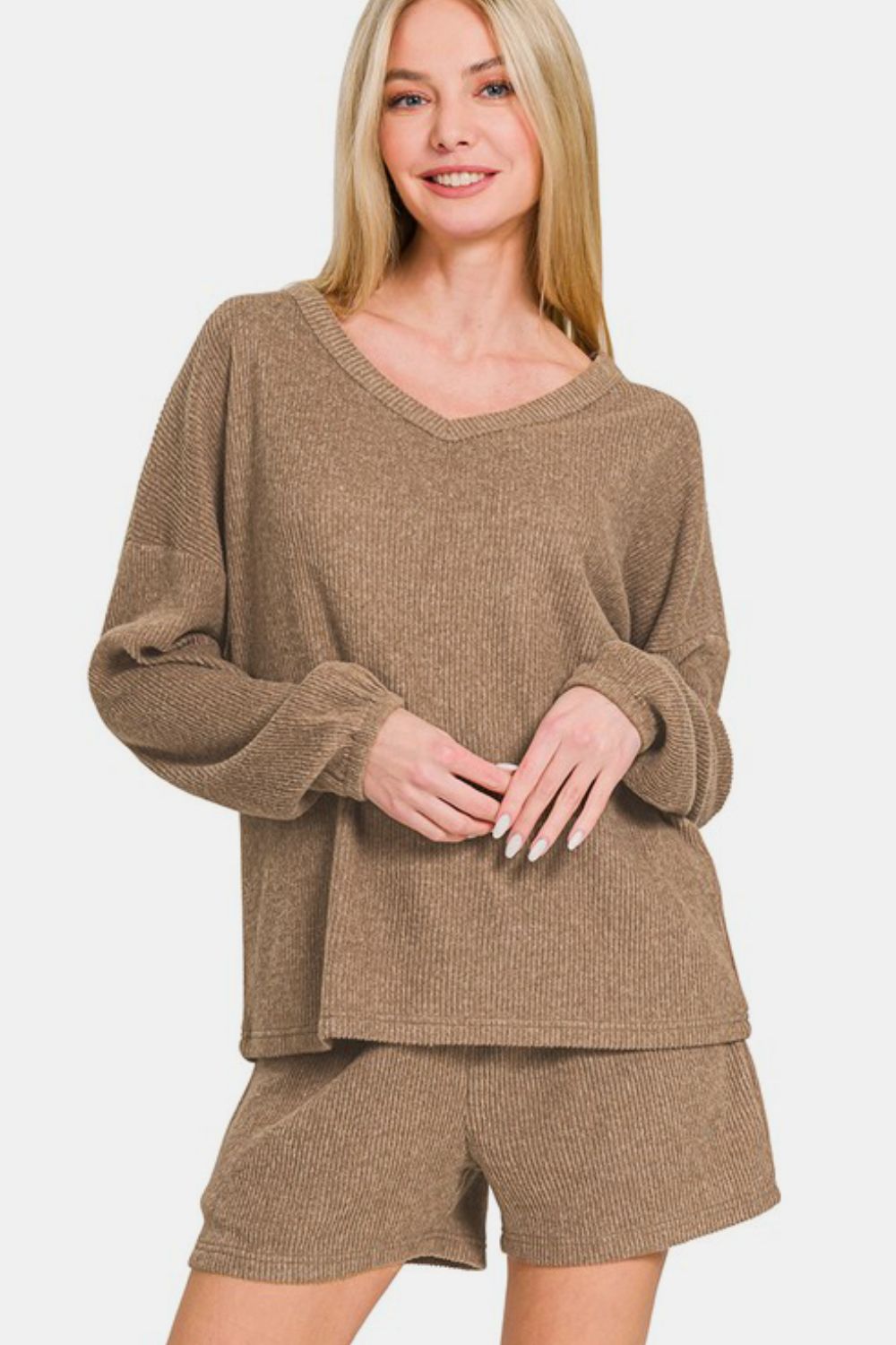 Brushed Ribbed Hacci V-Neck Long Sleeve Tee & Shorts Set