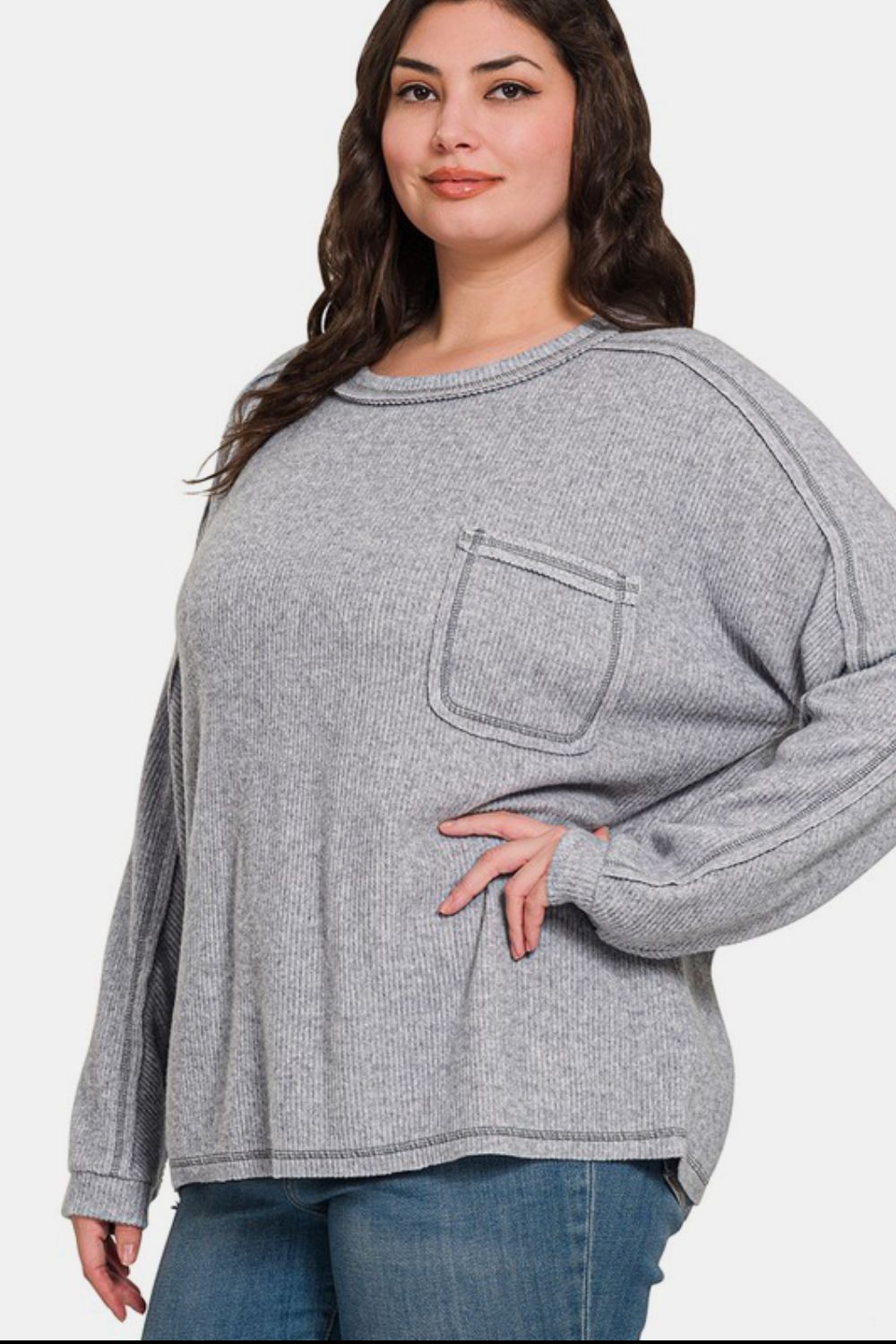 Brushed Ribbed Hacci Round Neck Sweater