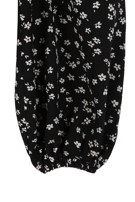 Black Floral Puff Sleeve Ruched Crop Top