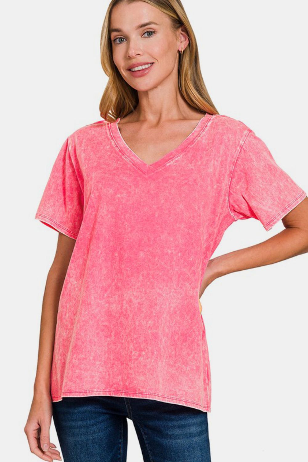 Washed Short Sleeve V-Neck Top