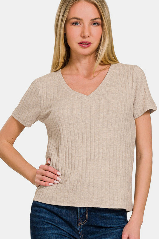 Ribbed Short Sleeve V Neck Top