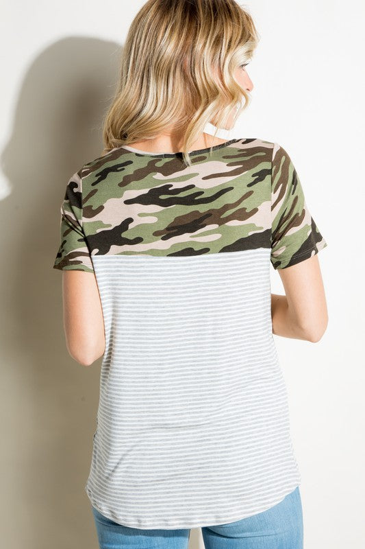 Plus Pin Stripe Camo Mix Pocket Tee