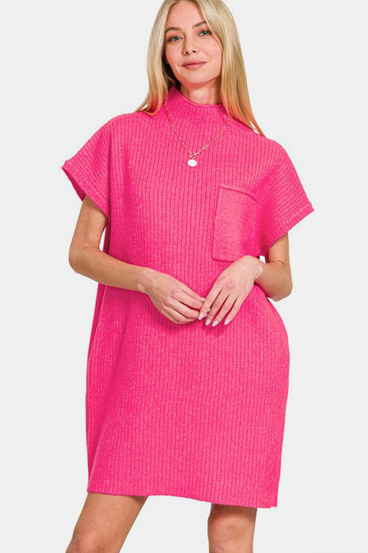 Mock Neck Short Sleeve Sweater Dress With Pocket