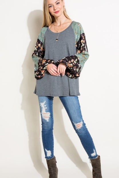 Waffle Knit Woven Floral Bubble Sleeve Top