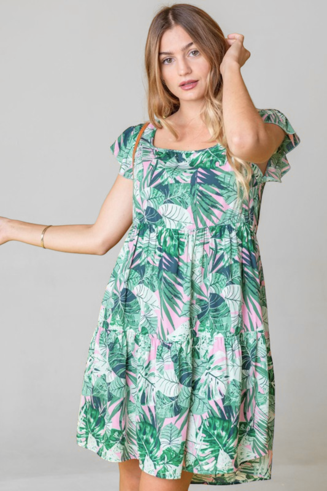 Tropical Flutter Sleeve Tiered Dress