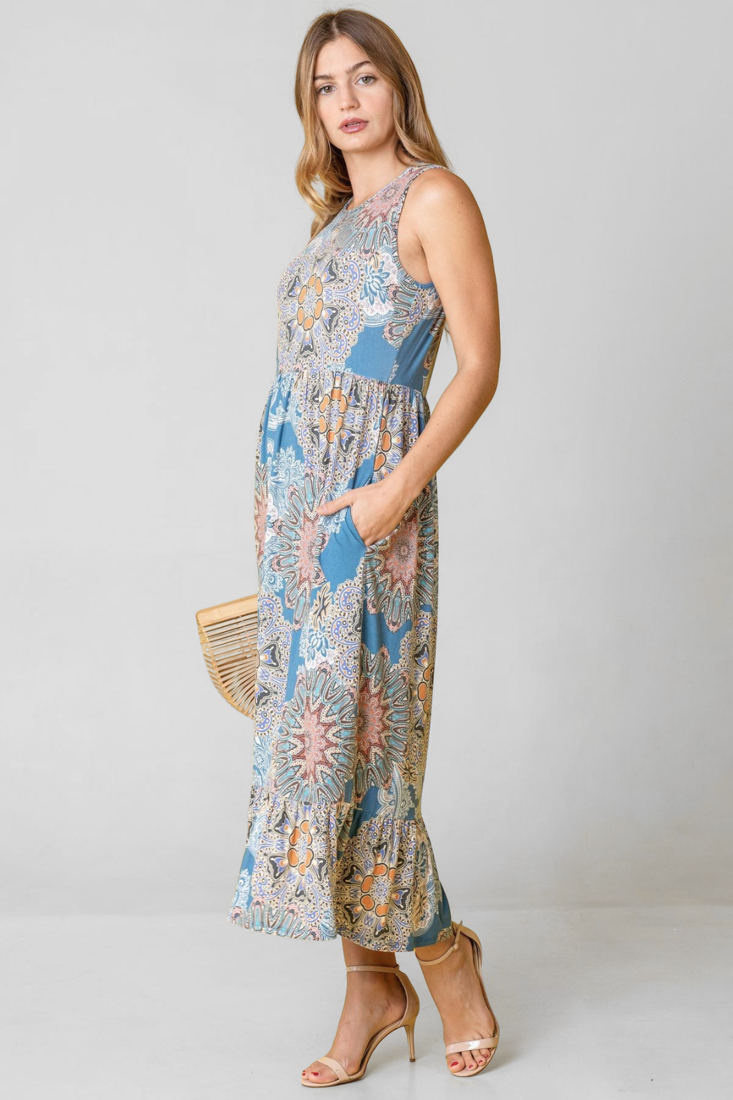 Plus Print Sleeveless Ruffled Hem Tea-Length Dress