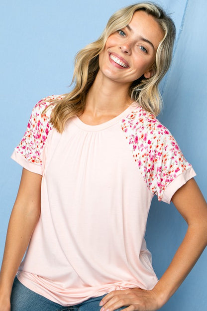 Solid Floral Mixed Raglan Short Sleeve Top