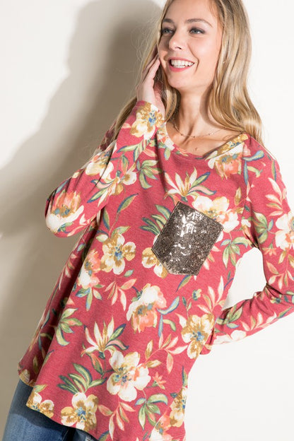 Plus Floral Sequin Pocket Long Sleeve Top