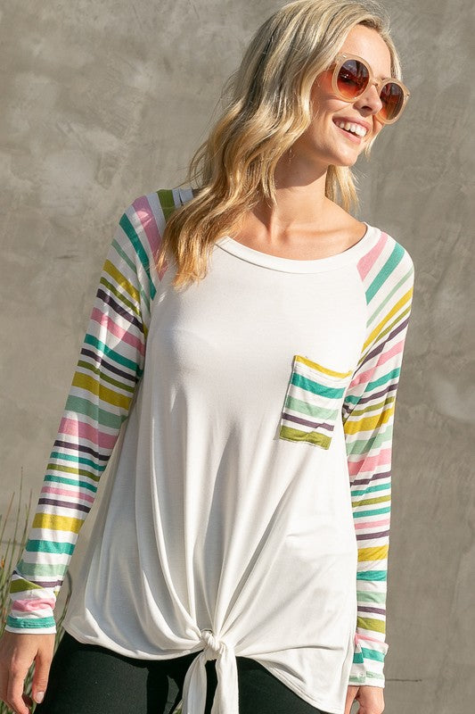 Plus Striped Raglan Pocket Front Tie Top