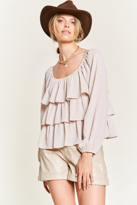 Chiffon Bubble Sleeve Tiered Flounce Blouse