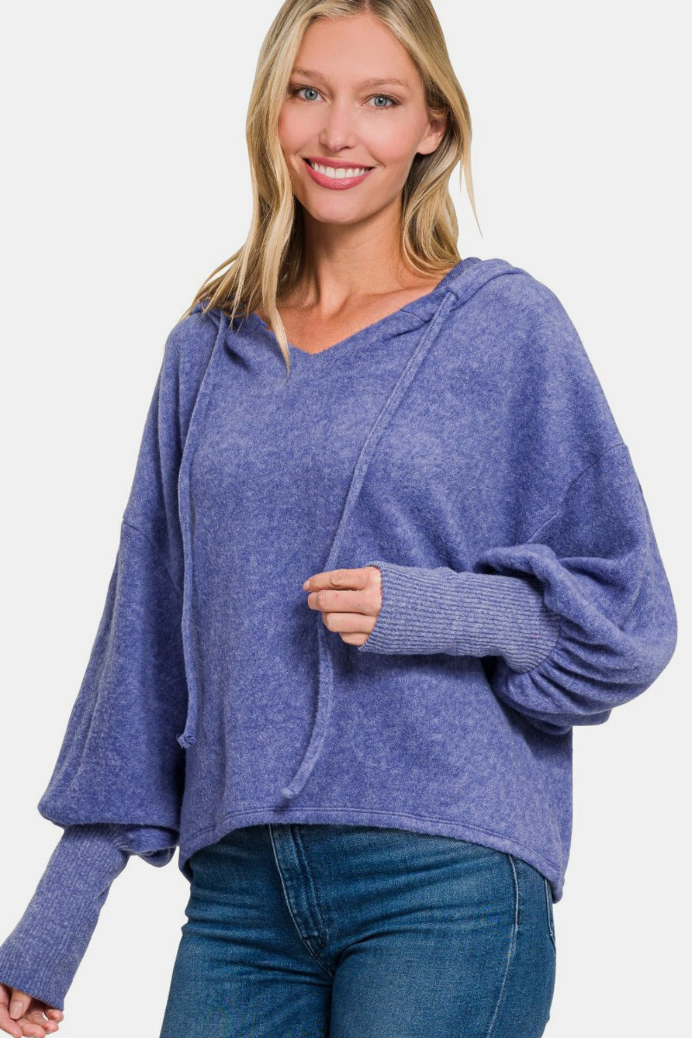 Soft Brushed Hacci Cropped Balloon Sleeve Hoodie