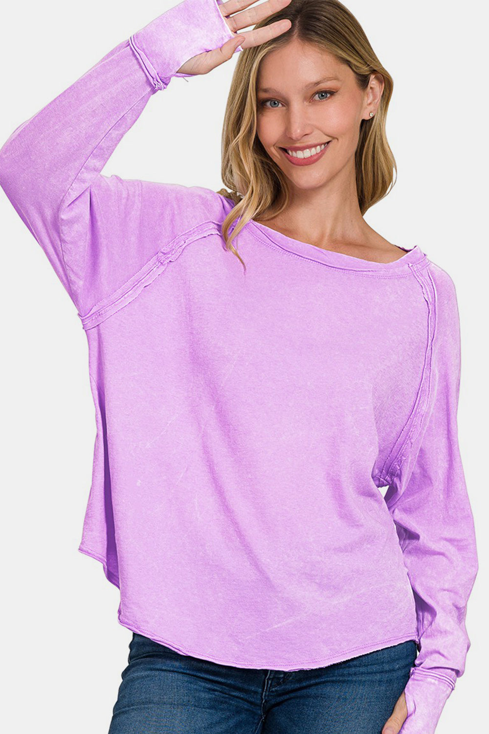 Washed Thumb Hole Cuffs Scoop-Neck Long Sleeve Top