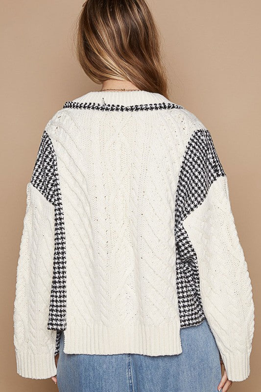 Cream Houndstooth Mixed Media Cable Knit Button Cardigan