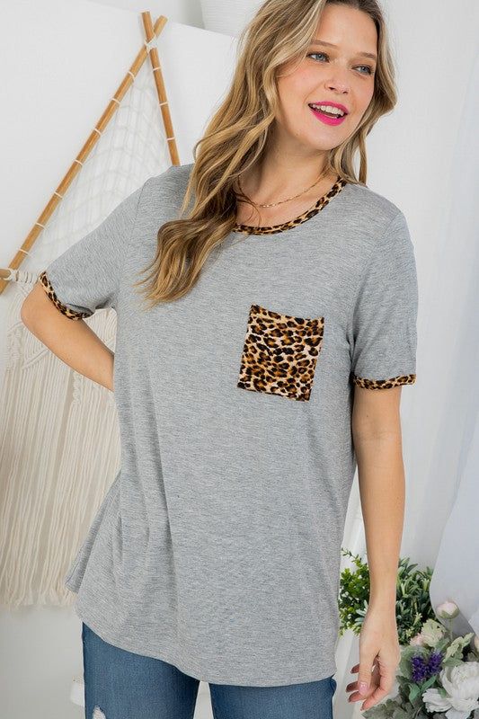 Plus Solid Leopard Contrast Pocket Tee