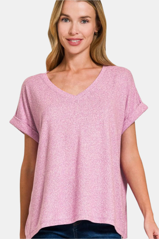 Bright Mauve Soft Melange Hacci V-Neck Tee