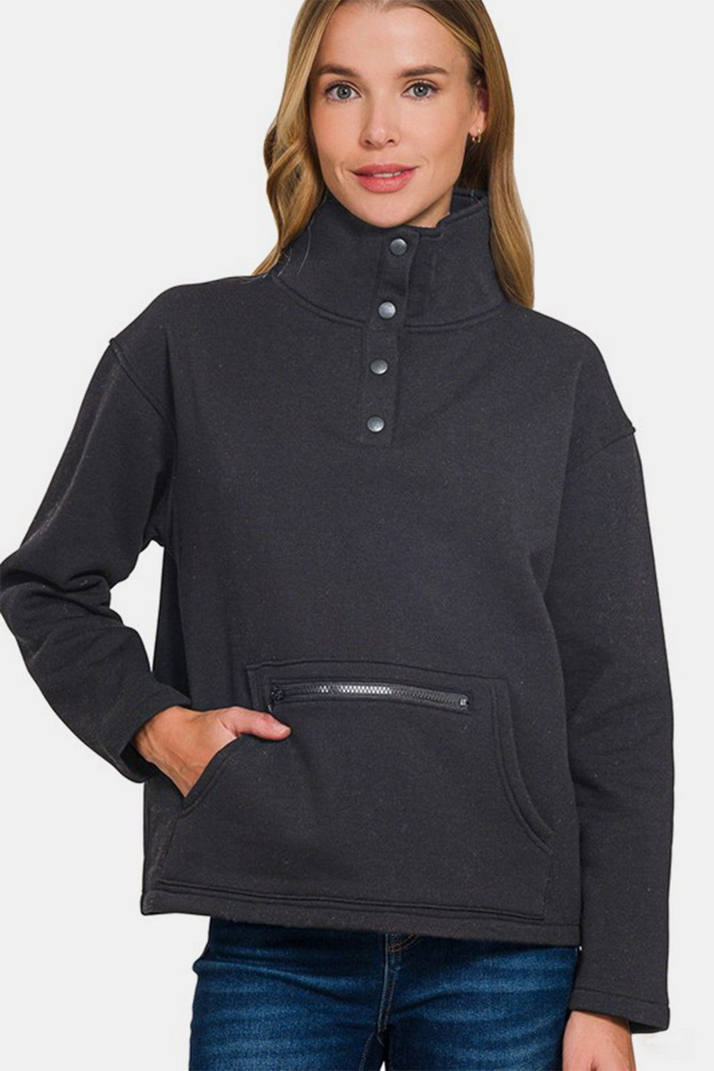 Fleece High Neck Half Snap Button Front Sweatshirt