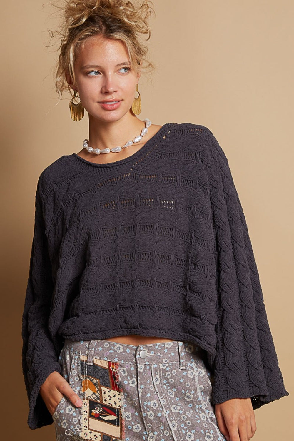 Cable Knit Bell Sleeve Cropped Sweater