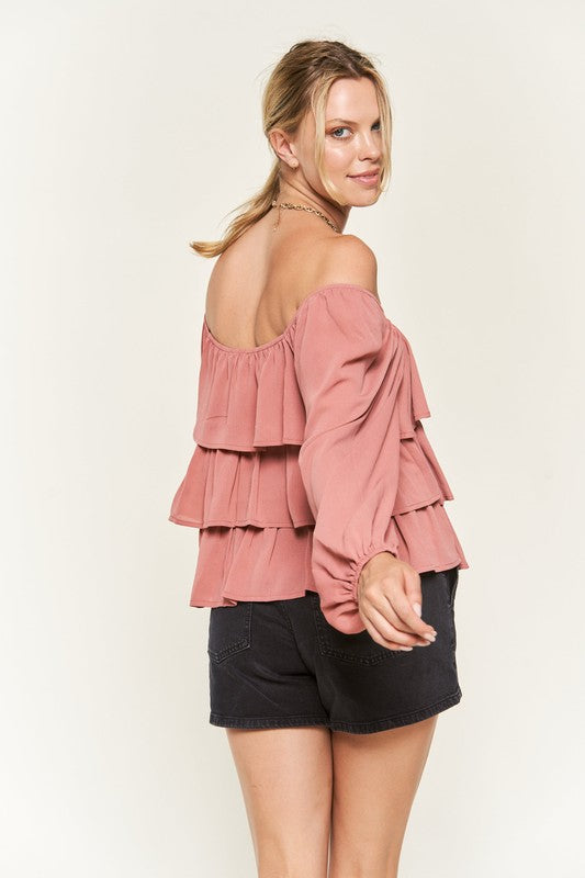 Plus Chiffon Bubble Sleeve Tiered Flounce Blouse