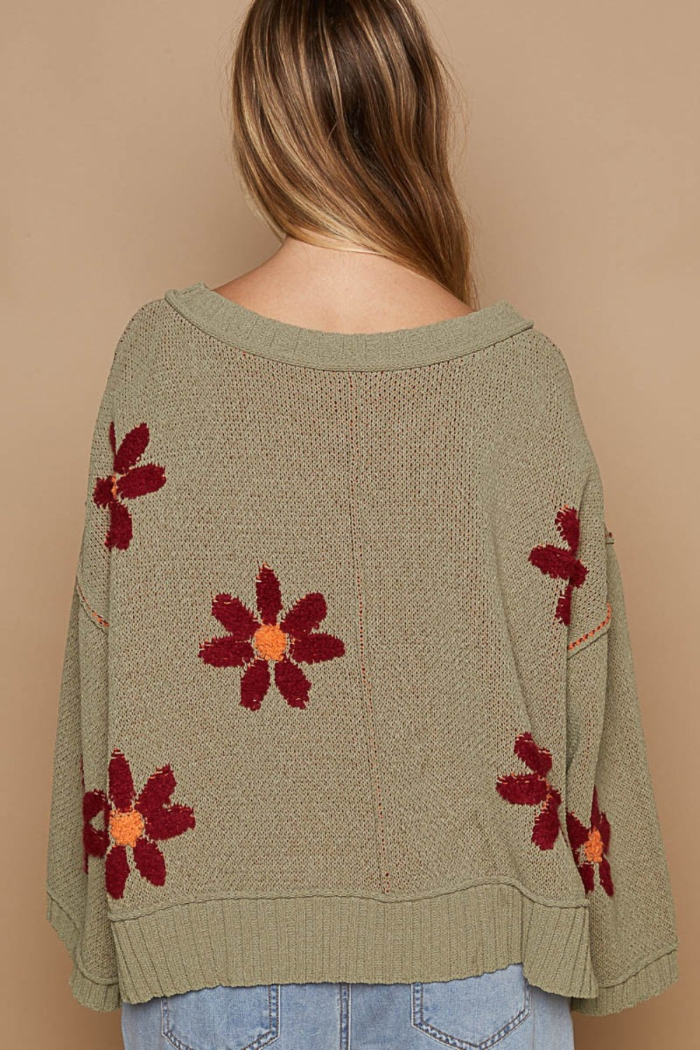 V-Neck Floral Pattern Chenille Sweater