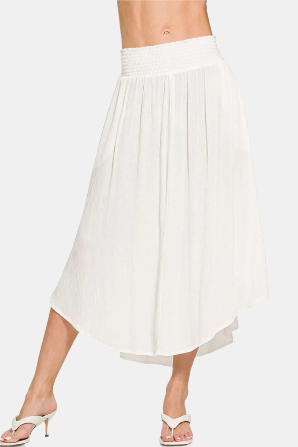 Off White Woven Crinkle Smocked Waist Maxi Skirt W Pockets