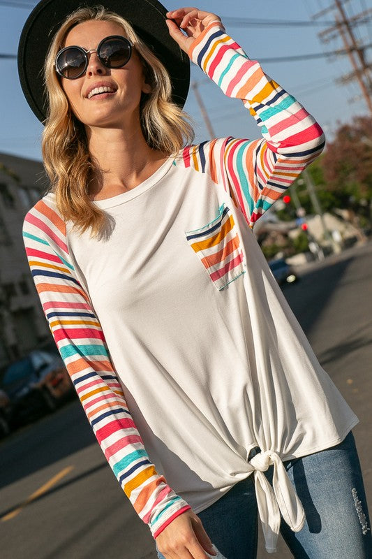 Plus Striped Raglan Pocket Front Tie Top