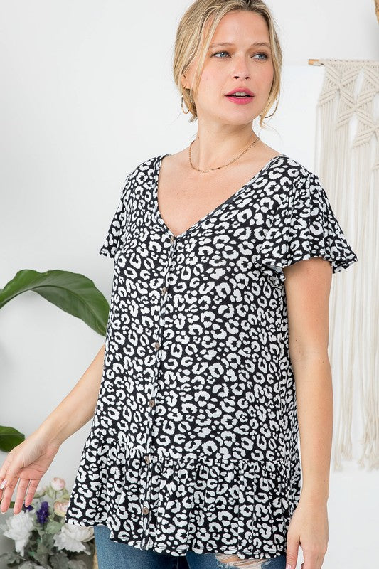 Cheetah Button Ruffle Tunic Top