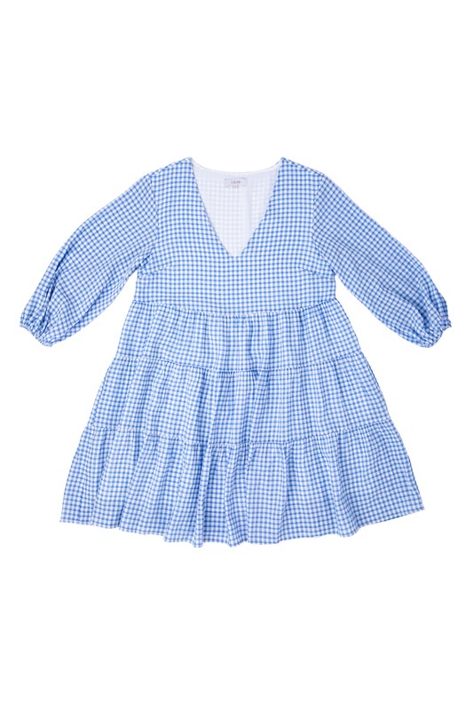 Gingham V-Neck Bubble Sleeve Tiered Dress