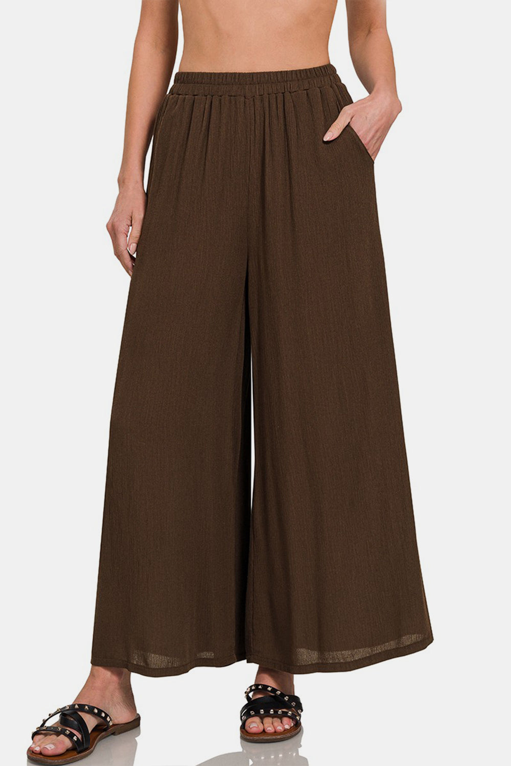 Woven Crinkle Wide Pants With Pockets