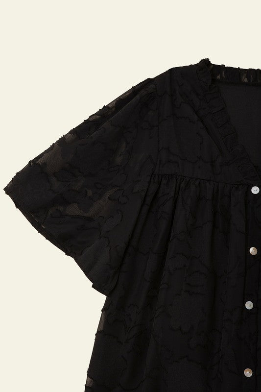 Black Jacquard Floral Button Flutter Sleeve Blouse