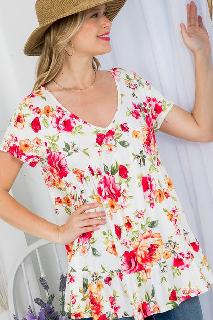 Floral V-Neck Ruffle Hem Babydoll Tunic