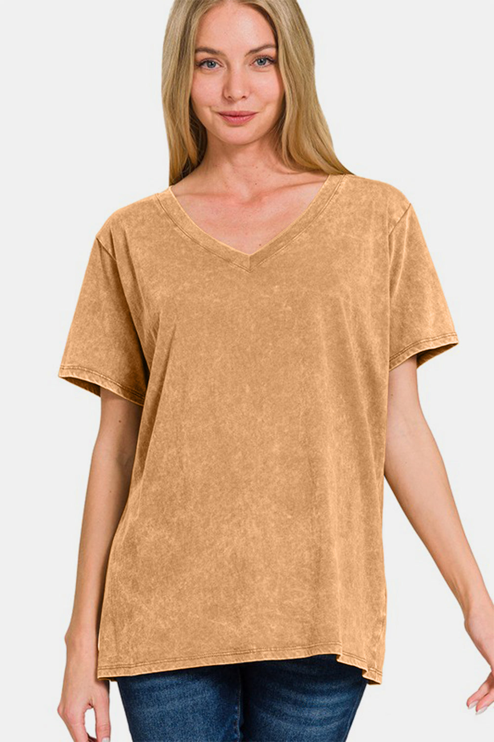 Washed Short Sleeve V-Neck Top