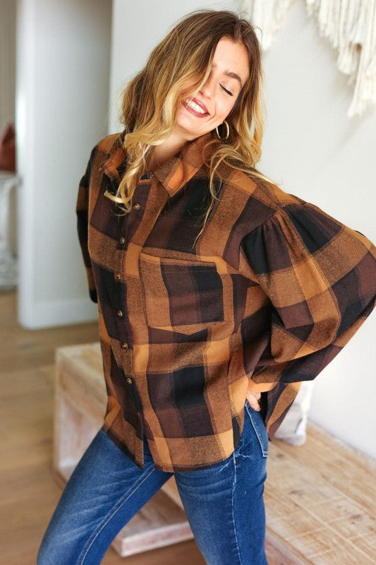 Camel & Charcoal Plaid Button Down Oversized Shacket