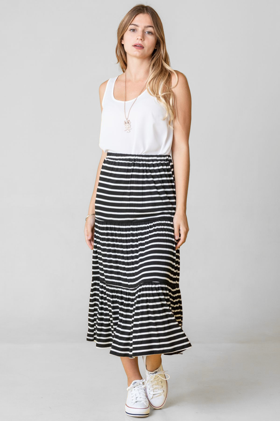 Plus Stripe Tiered Ruffle Hem Maxi Skirt