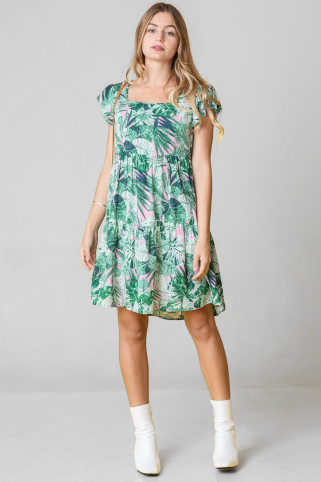 Tropical Flutter Sleeve Tiered Dress