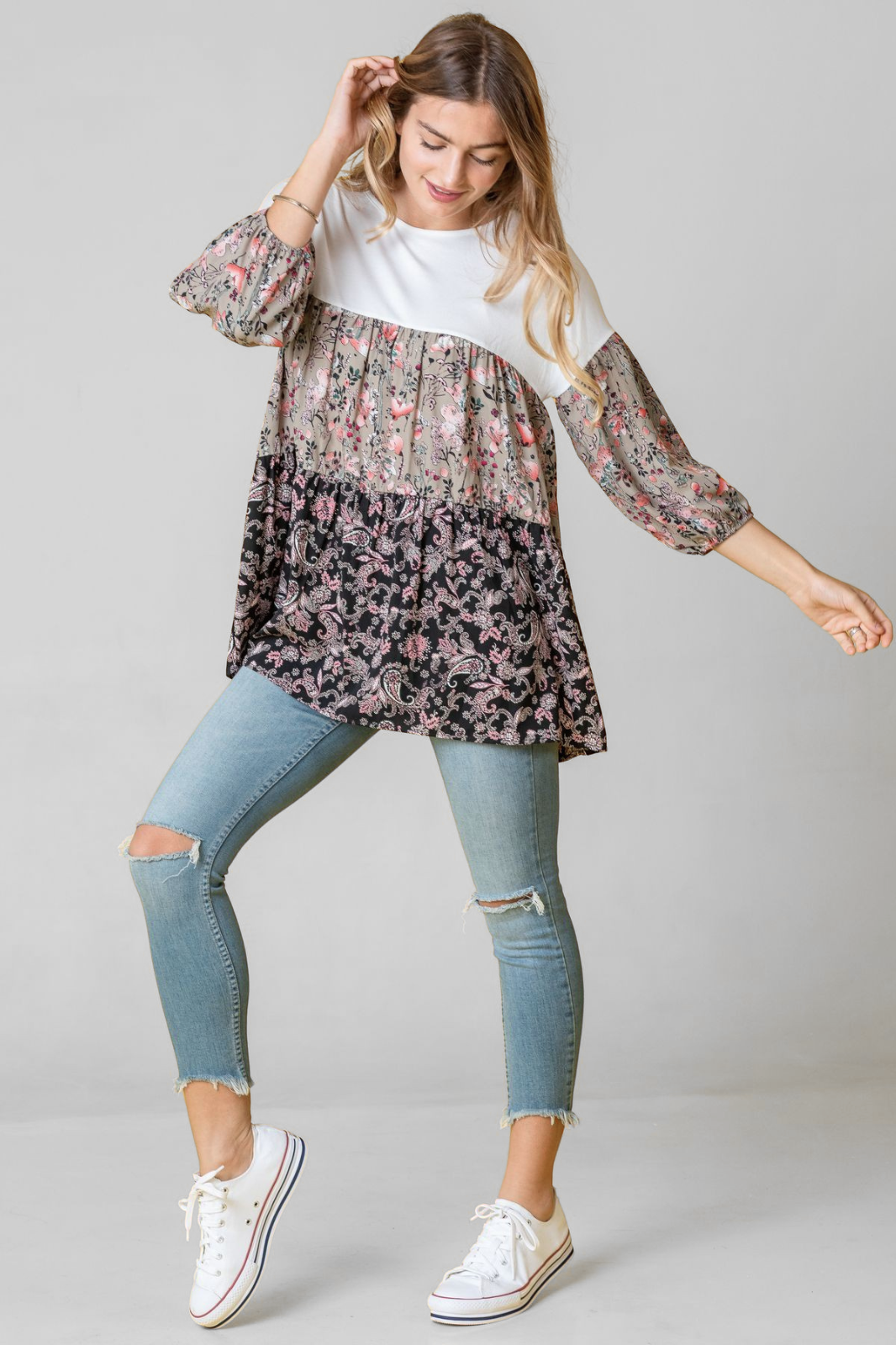 Plus Paisley Floral Bubble Sleeve Tiered Tunic