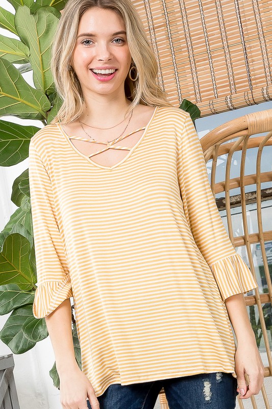 Stripe Lace Up Neck 3/4 Bell Sleeve Top