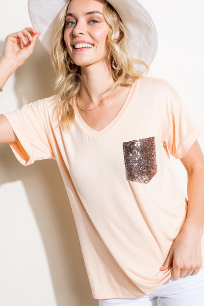 Solid Sequin Pocket Boxy Tee