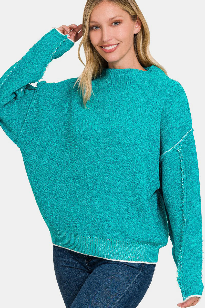 Oversized Mock Neck Raw Seam Chenille Sweater