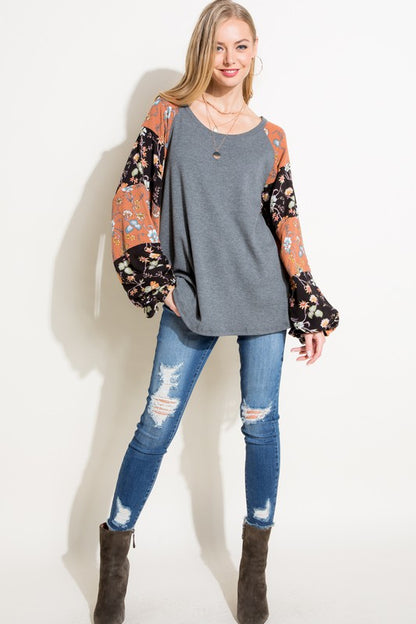 Plus Waffle Knit Woven Floral Bubble Sleeve Top