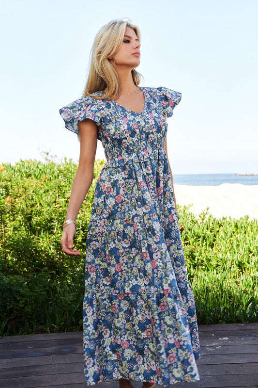 Vintage Garden Floral Flutter Sleeve Smocked Midi Dress