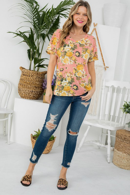 Allover Floral V-Neck Pocket Tee