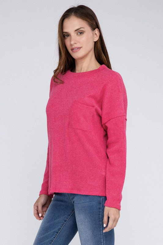 Ribbed Brushed Melange Hacci Sweater with a Pocket