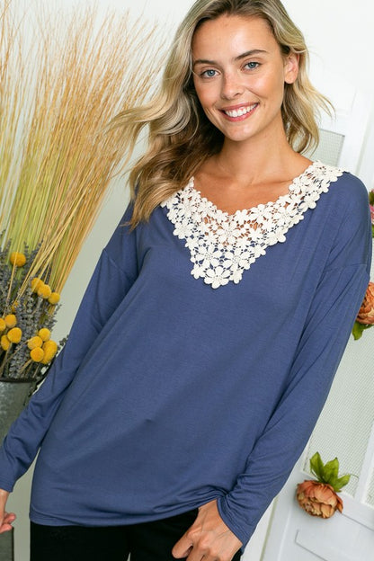 Plus Floral Crochet Lace Patch V-Neck Top