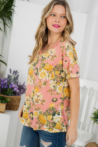 Allover Floral V-Neck Pocket Tee