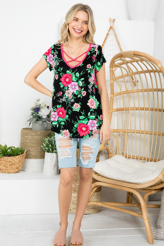 Floral Contrast Lace Up V Neck Top