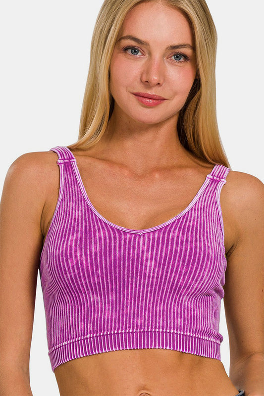 Washed Ribbed Cropped Seamless V-Neck Tank Top