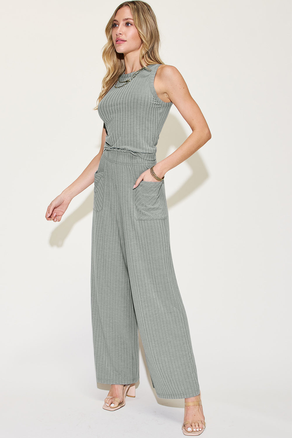 Basic Ribbed Tank and Wide Leg Pants Set