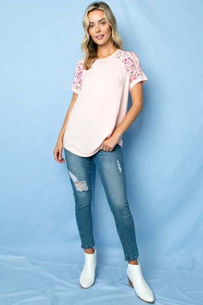 Solid Floral Mixed Raglan Short Sleeve Top