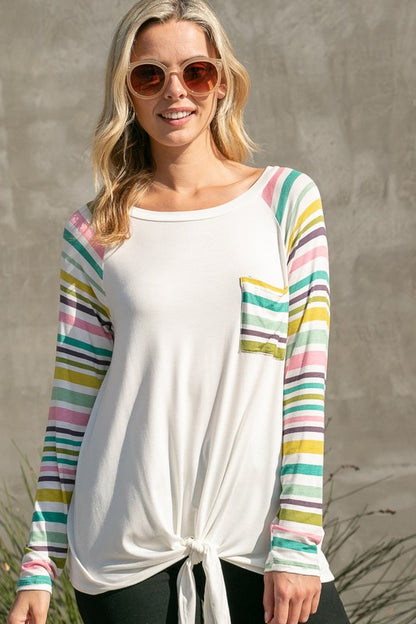 Plus Striped Raglan Pocket Front Tie Top